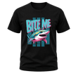 Black men’s Bite Me Shark graphic tee featuring a vibrant shark illustration with teal and pink retro typography
