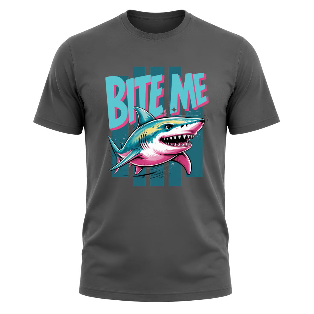 Charcoal Grey men’s shark graphic tee featuring the Bite Me shark design in teal pink and white