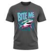 Charcoal Grey men’s shark graphic tee featuring the Bite Me shark design in teal pink and white