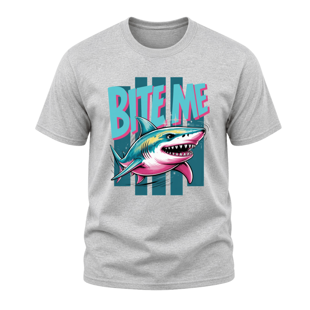 Sport Grey men’s Bite Me Shark graphic tee with bold retro ocean artwork and colourful shark illustration