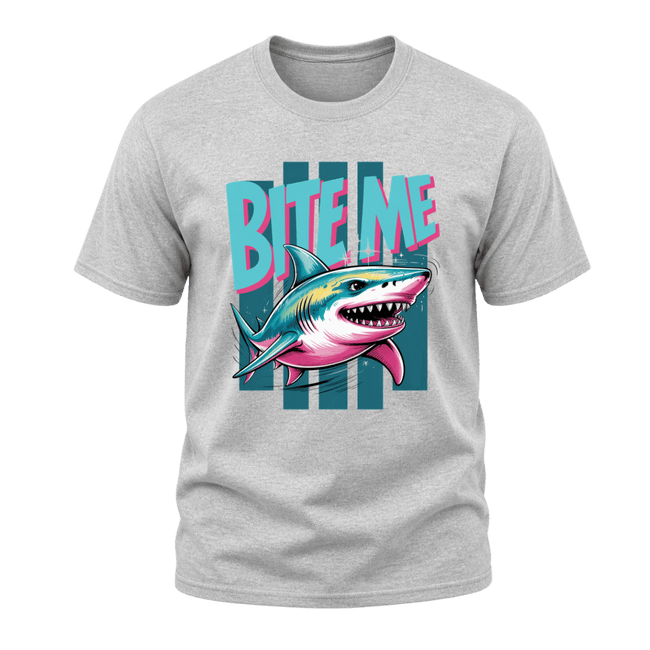 Sport Grey men’s Bite Me Shark graphic tee with bold retro ocean artwork and colourful shark illustration