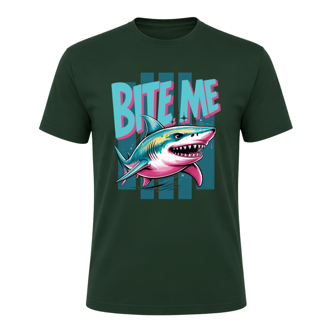 Forest Green men’s Bite Me Shark T shirt with retro inspired shark artwork and bold graphic styling
