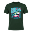 Forest Green men’s Bite Me Shark T shirt with retro inspired shark artwork and bold graphic styling