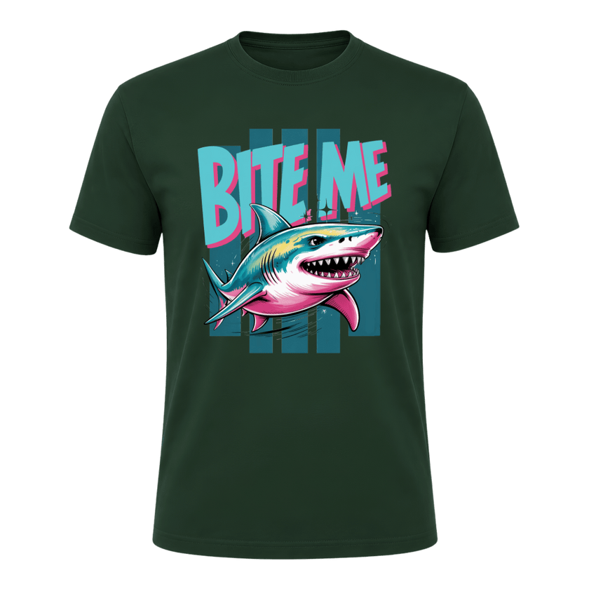 Forest Green men’s Bite Me Shark T shirt with retro inspired shark artwork and bold graphic styling
