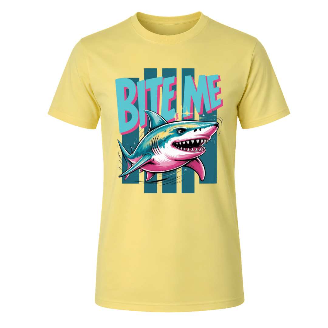 Corn Silk men’s graphic T shirt featuring a colourful Bite Me shark illustration for marine life fans