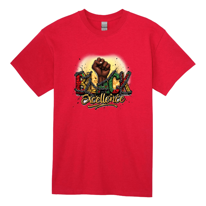 Red cotton unisex t-shirt showing Black Excellence graphic print with bold lettering.