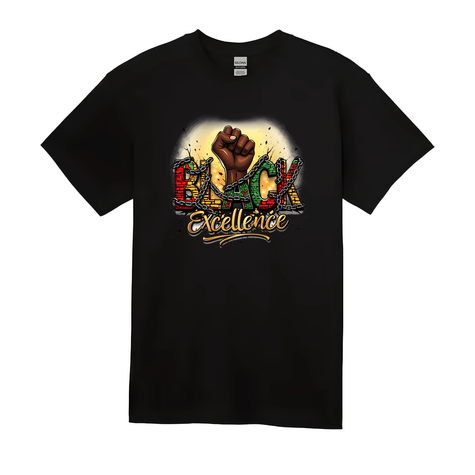 Black cotton t-shirt with Black Excellence statement graphic and raised fist illustration.