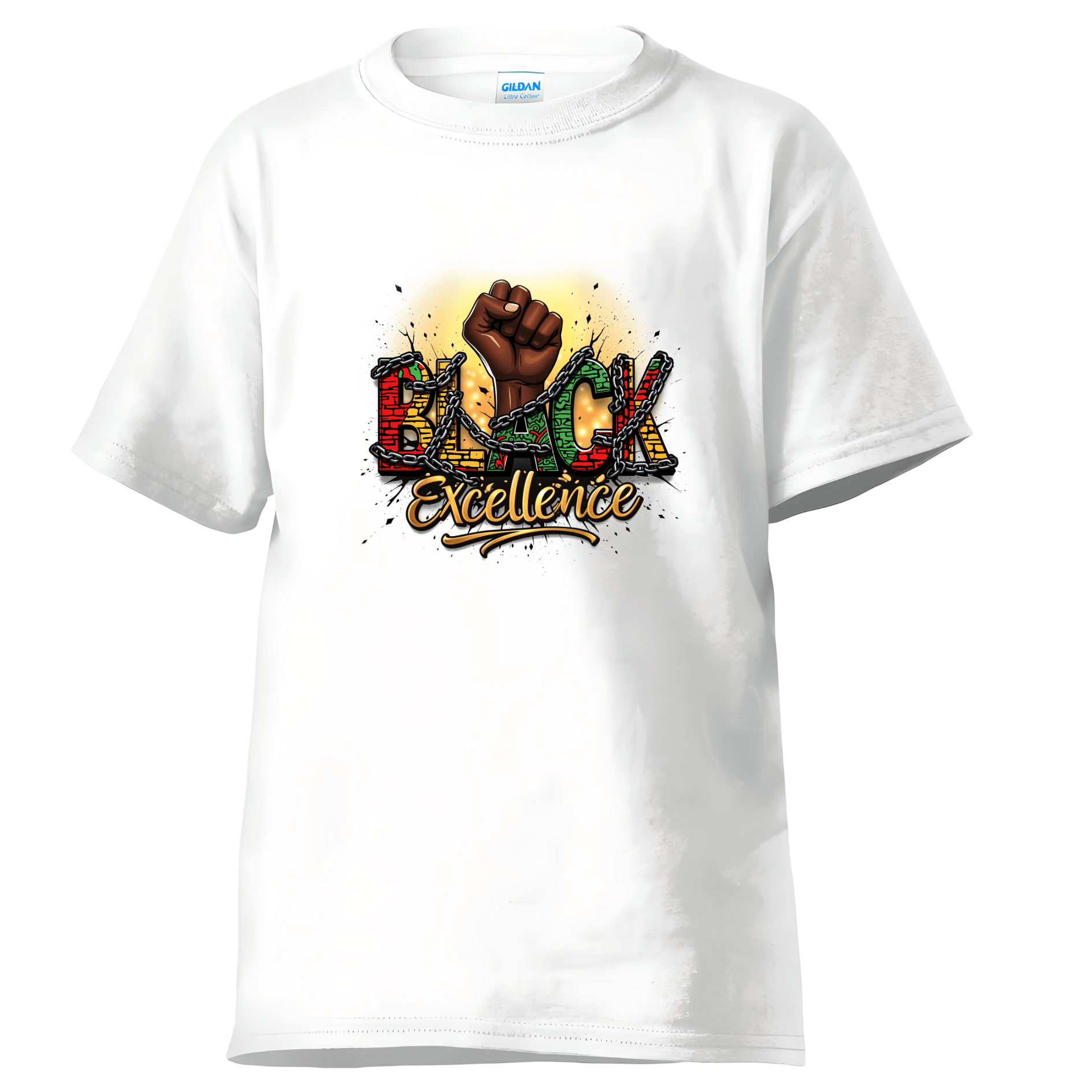 White unisex t-shirt with Black Excellence inspirational graphic and detailed front print.