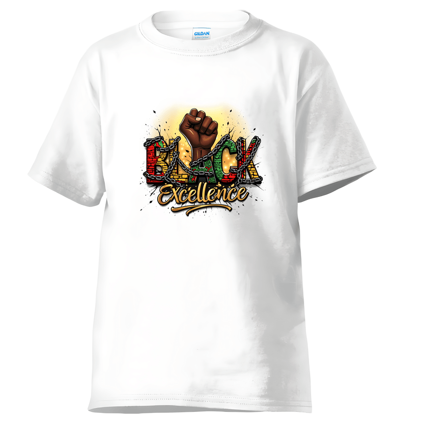 White unisex t-shirt with Black Excellence inspirational graphic and detailed front print.