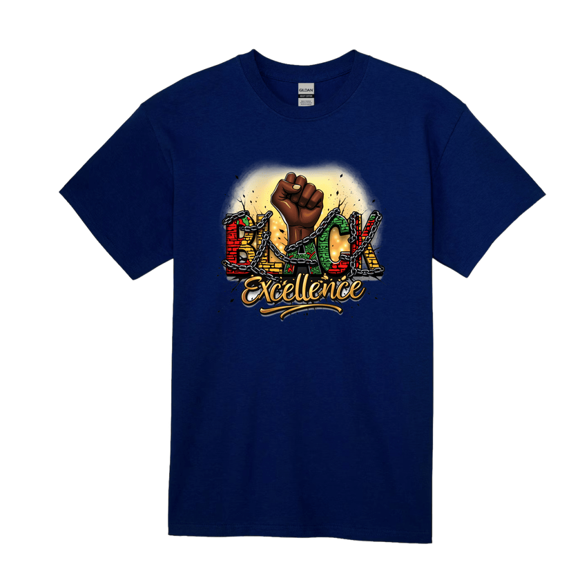 Navy blue t-shirt featuring Black Excellence design and raised fist symbol on front.