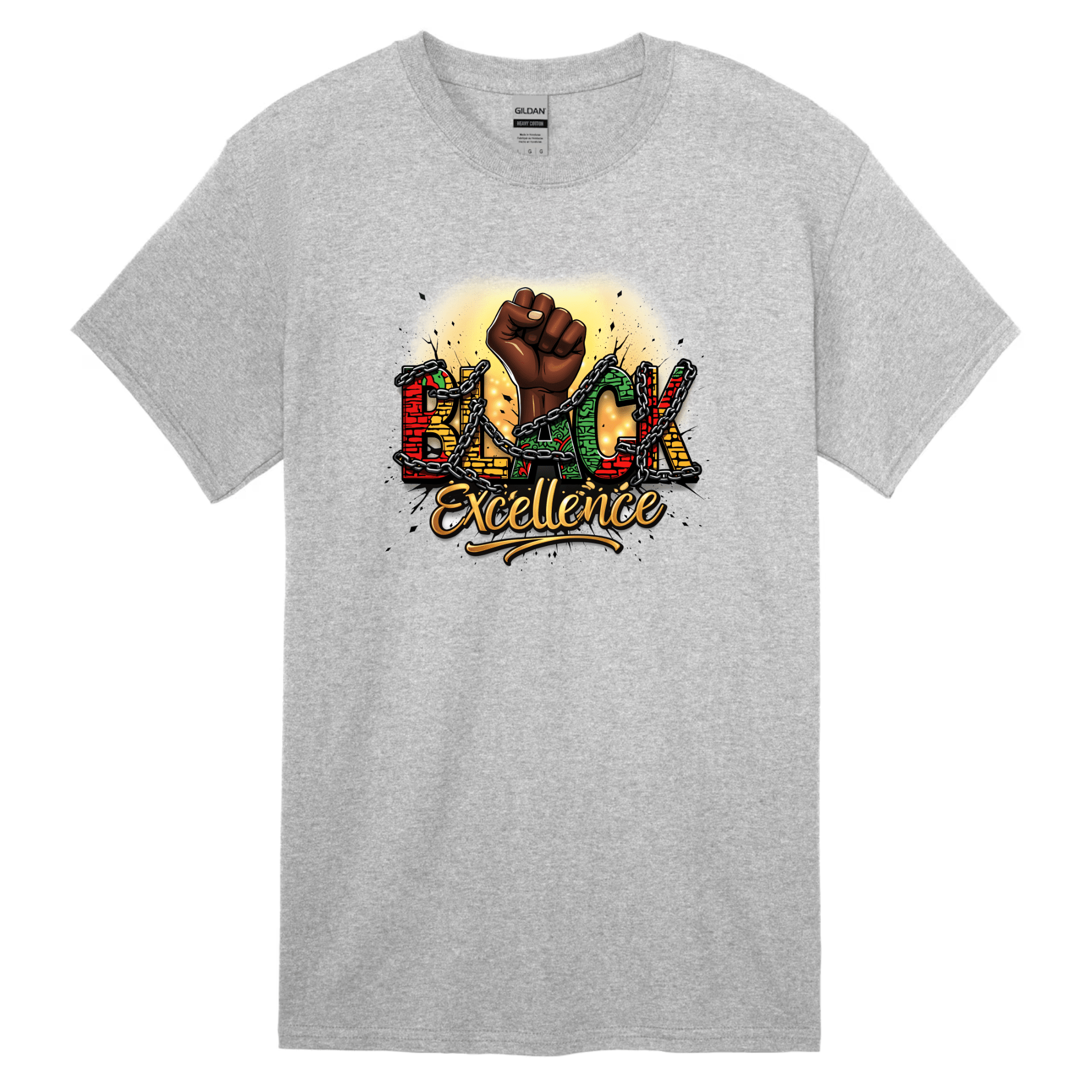 Grey unisex t-shirt displaying Black Excellence design with bold cultural graphic print.