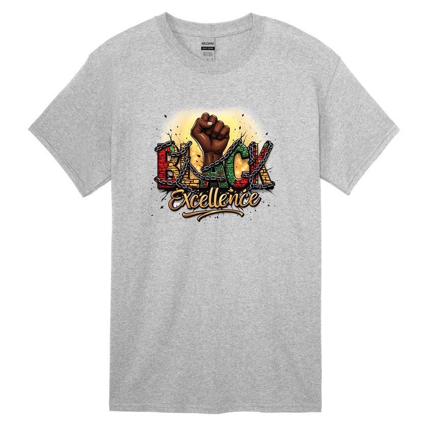 Grey unisex t-shirt displaying Black Excellence design with bold cultural graphic print.