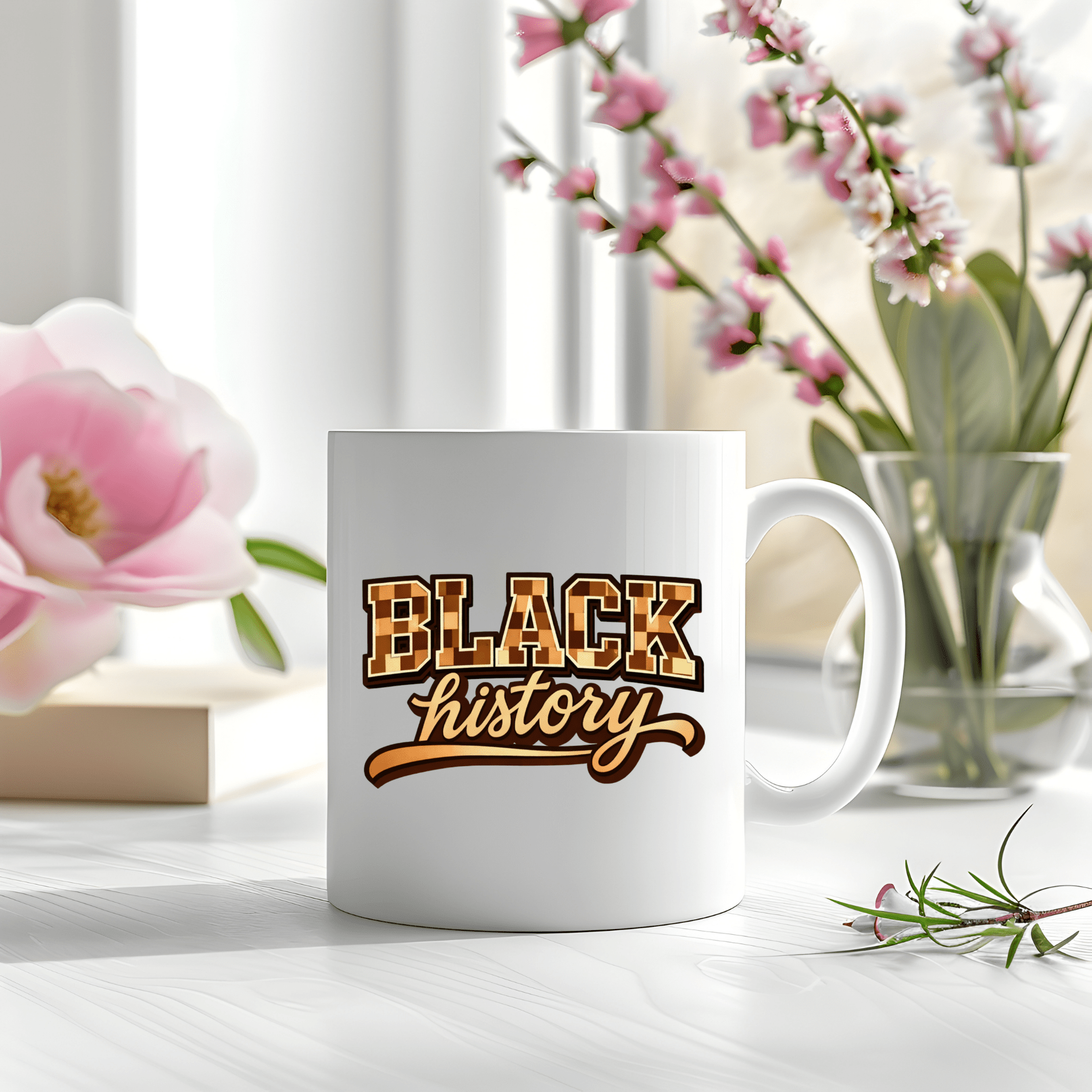 White ceramic Black History mug shown with soft floral background creating calm lifestyle aesthetic.