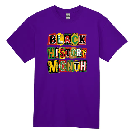 Purple t-shirt with 'Black History Month' text in colorful letters on a white background