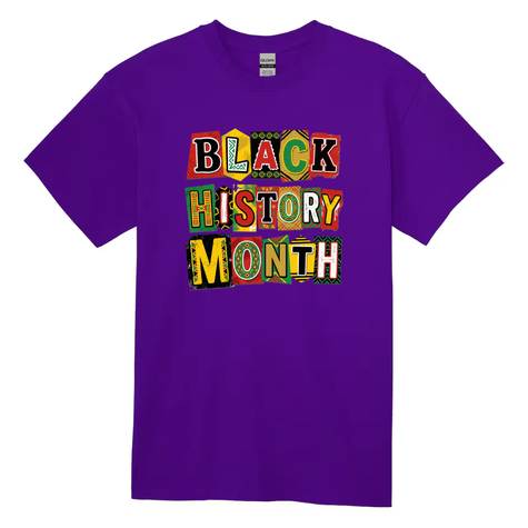 Purple t-shirt with 'Black History Month' text in colorful letters on a white background