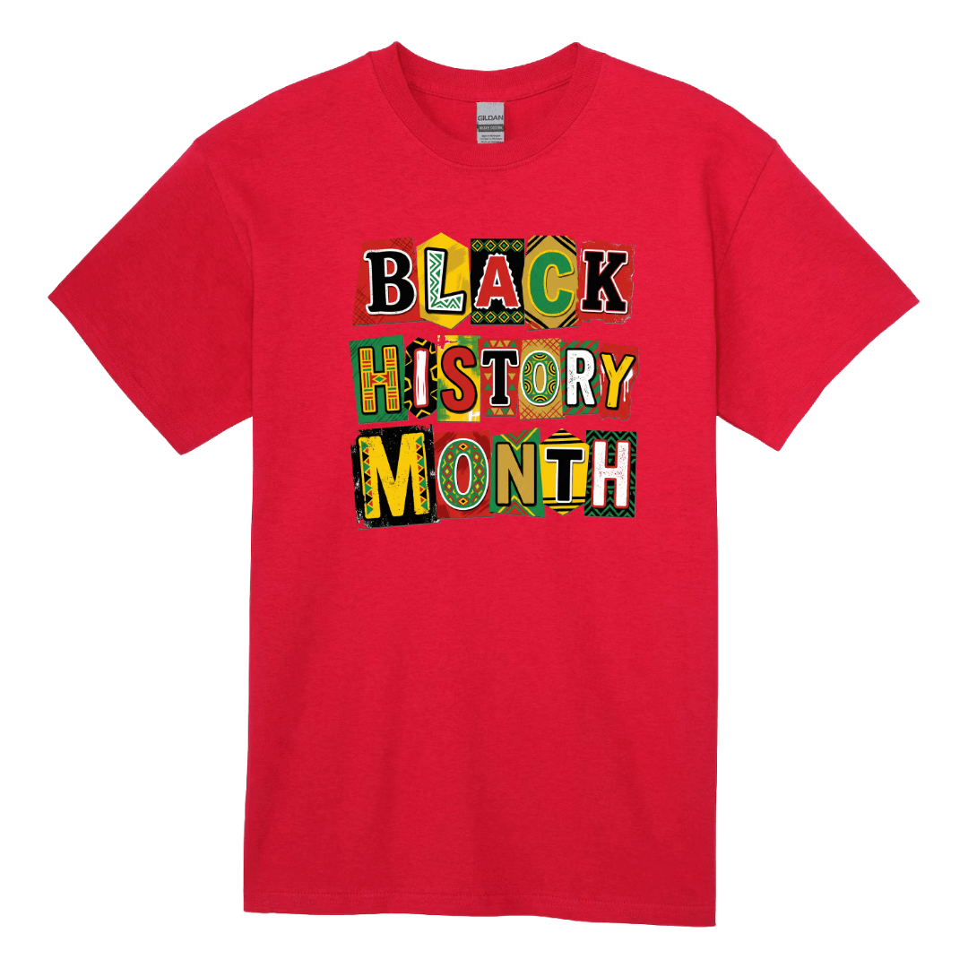 Red t-shirt with 'Black History Month' text in colorful letters on a white background
