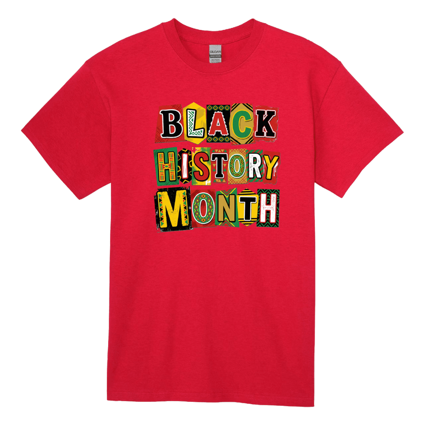 Red t-shirt with 'Black History Month' text in colorful letters on a white background