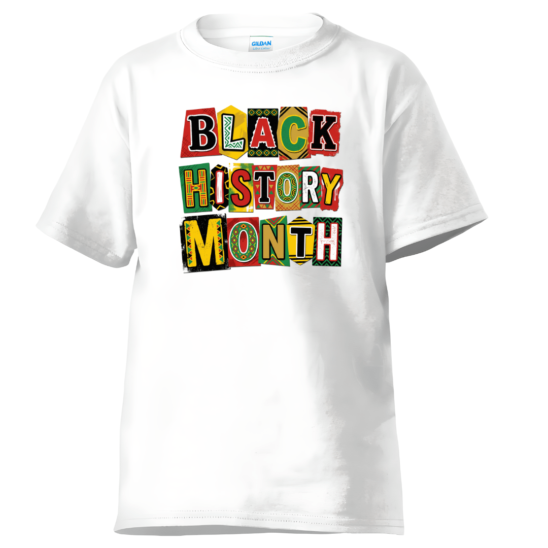 White t-shirt with 'Black History Month' text in colorful letters on a white background