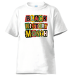 White t-shirt with 'Black History Month' text in colorful letters on a white background