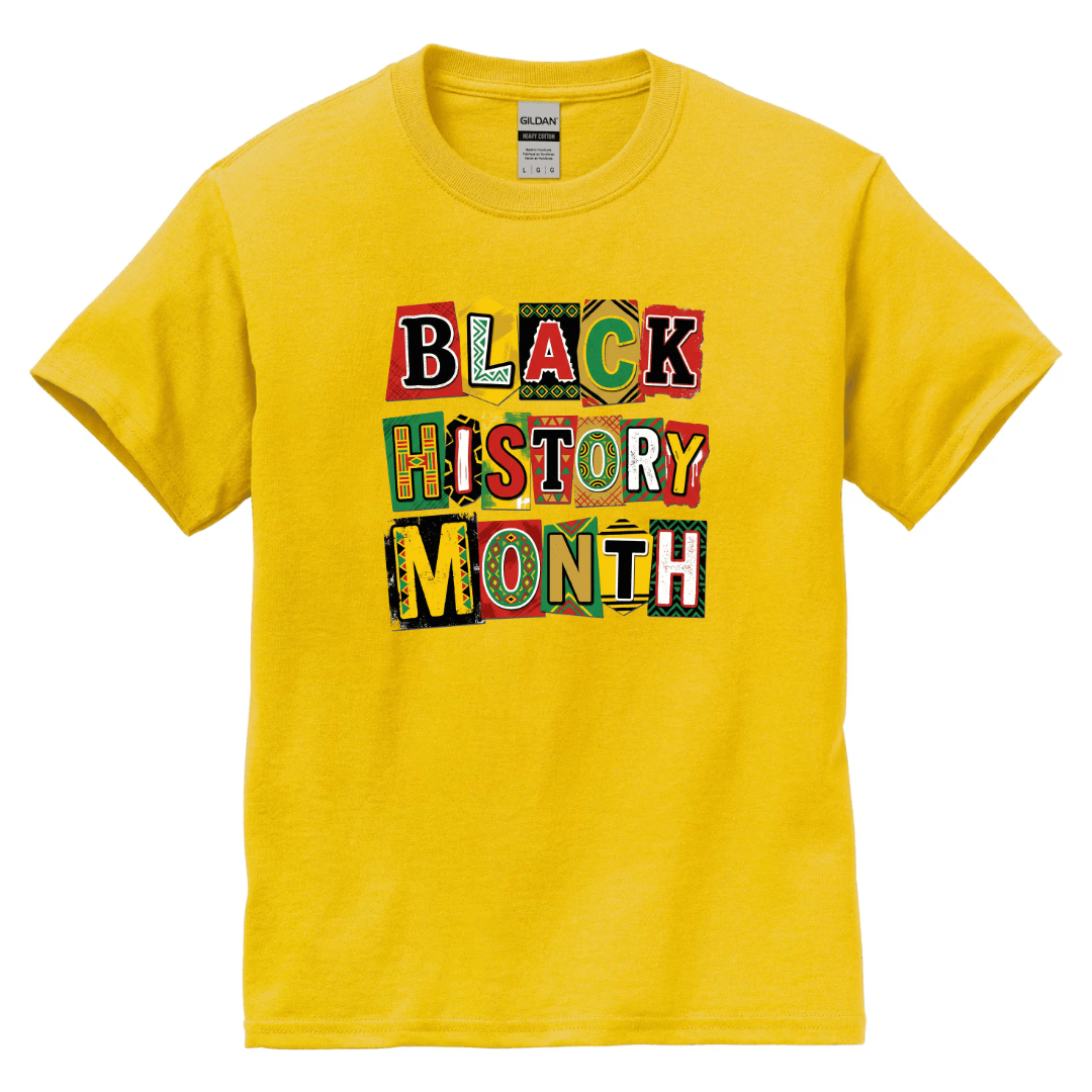 Yellow t-shirt with 'Black History Month' text in colorful letters on a white background
