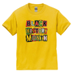Yellow t-shirt with 'Black History Month' text in colorful letters on a white background