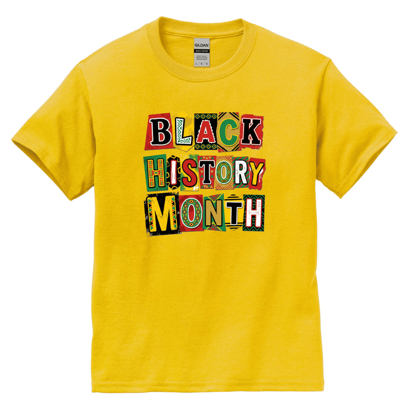 Yellow t-shirt with 'Black History Month' text in colorful letters on a white background