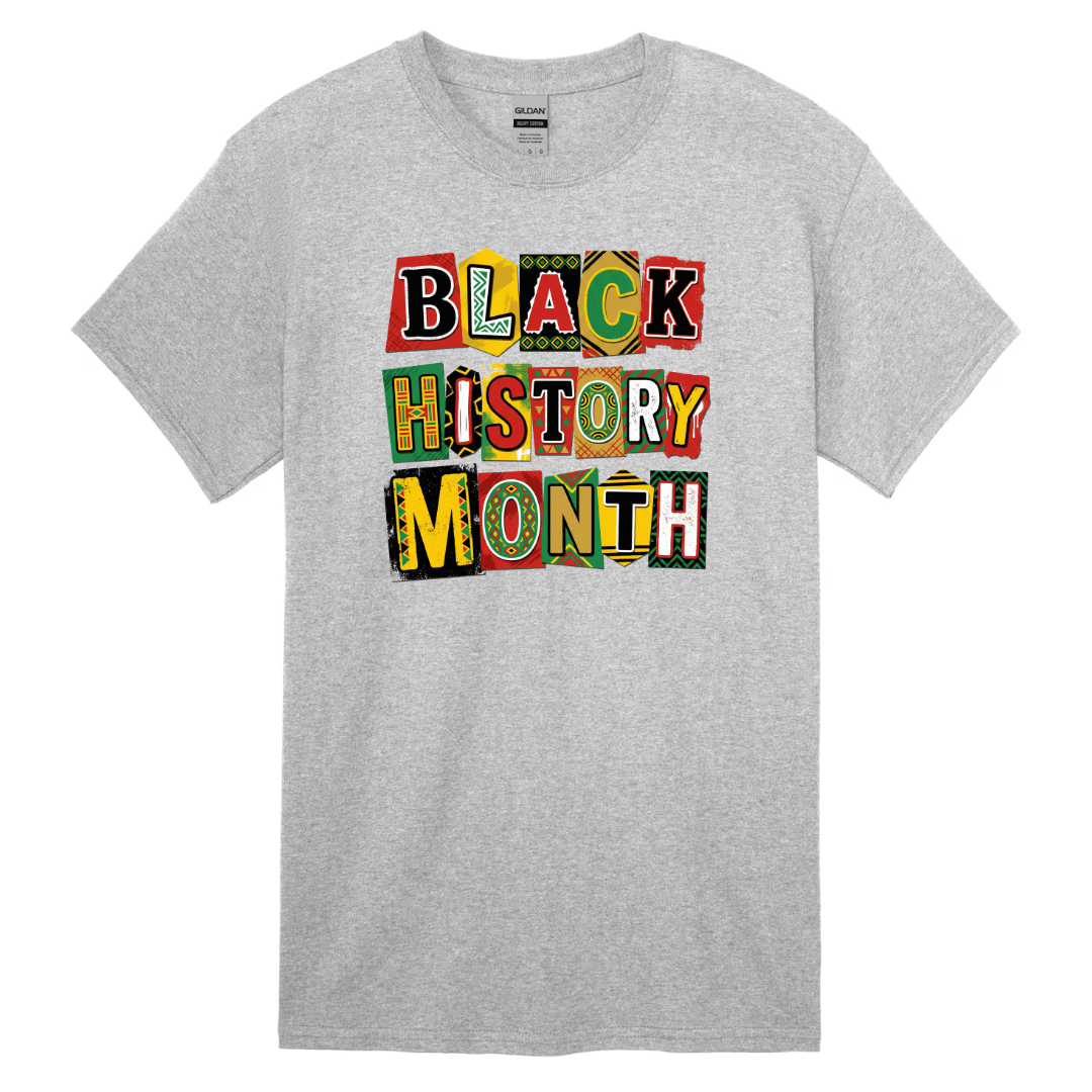 Gray t-shirt with 'Black History Month' text in colorful letters on a white background