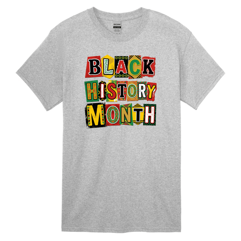 Gray t-shirt with 'Black History Month' text in colorful letters on a white background
