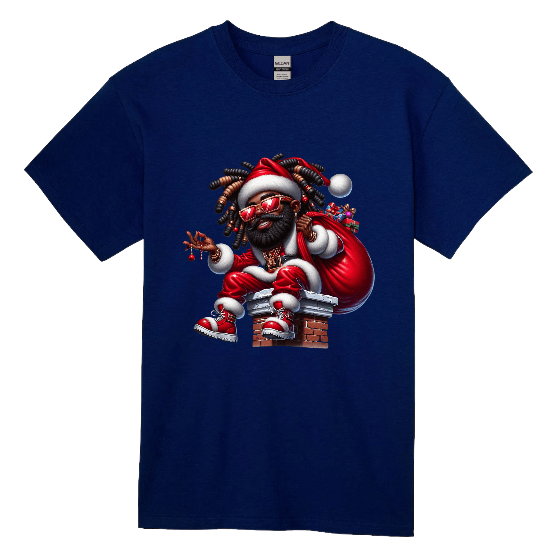 Navy blue men’s holiday tee with Black Santa sitting on chimney holding gift ornaments.