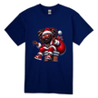 Navy blue men’s holiday tee with Black Santa sitting on chimney holding gift ornaments.