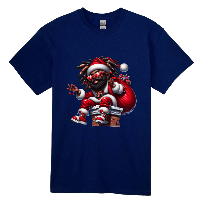 Navy blue men’s holiday tee with Black Santa sitting on chimney holding gift ornaments.