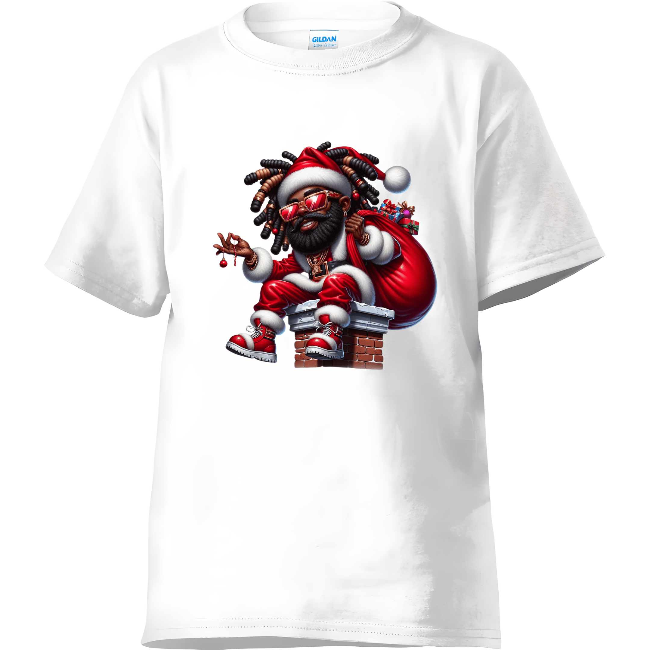 White men’s t-shirt with hip hop style Black Santa graphic wearing red suit and sunglasses.