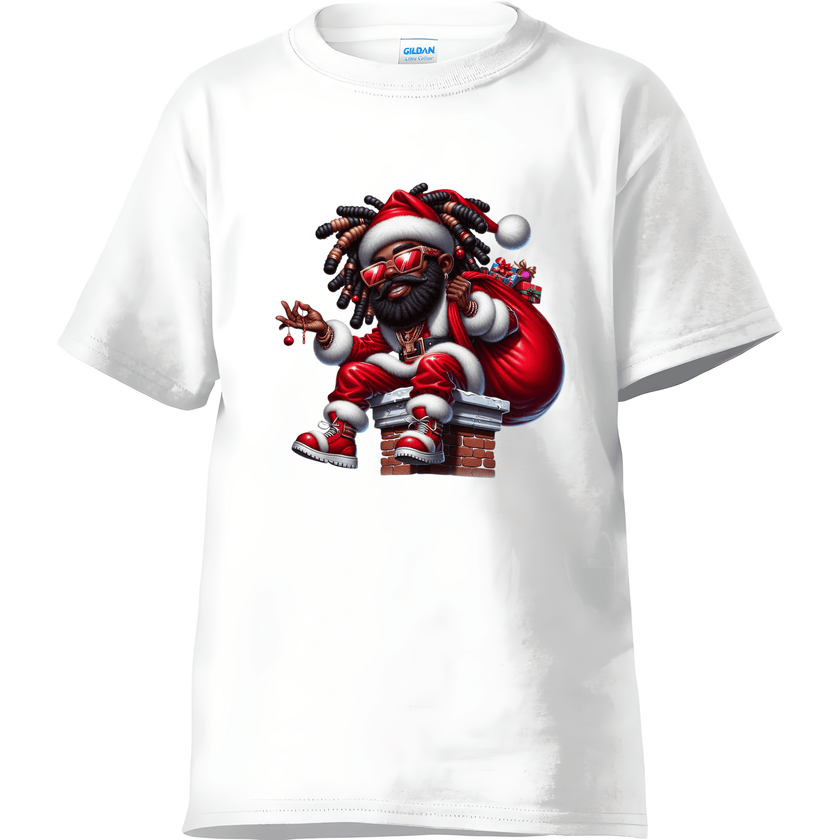 White men’s t-shirt with hip hop style Black Santa graphic wearing red suit and sunglasses.