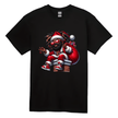 Black t-shirt featuring a cool Black Santa with braids and sunglasses sitting on a chimney holding gifts.