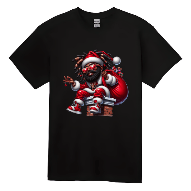 Black t-shirt featuring a cool Black Santa with braids and sunglasses sitting on a chimney holding gifts.