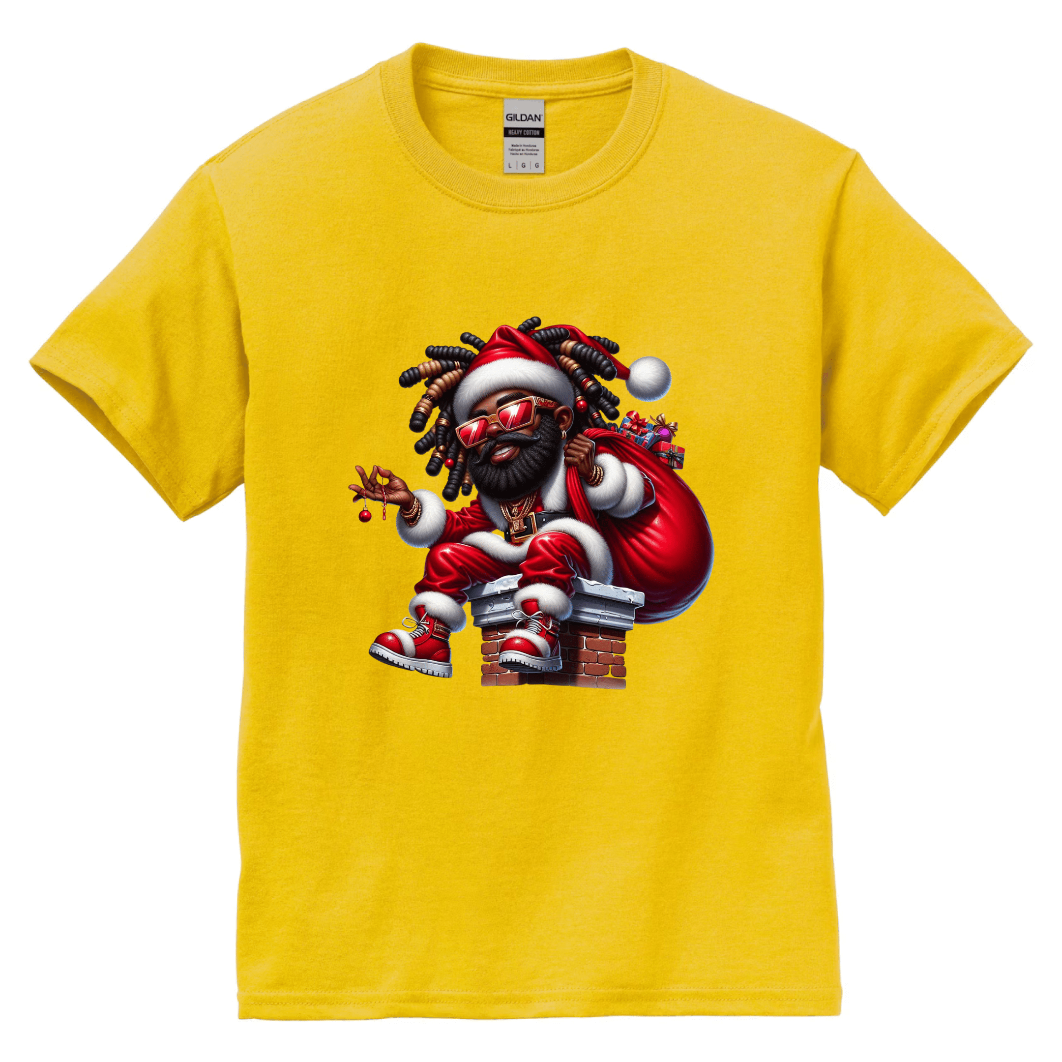 Yellow men’s festive shirt with detailed Black Santa graphic in streetwear Christmas theme.