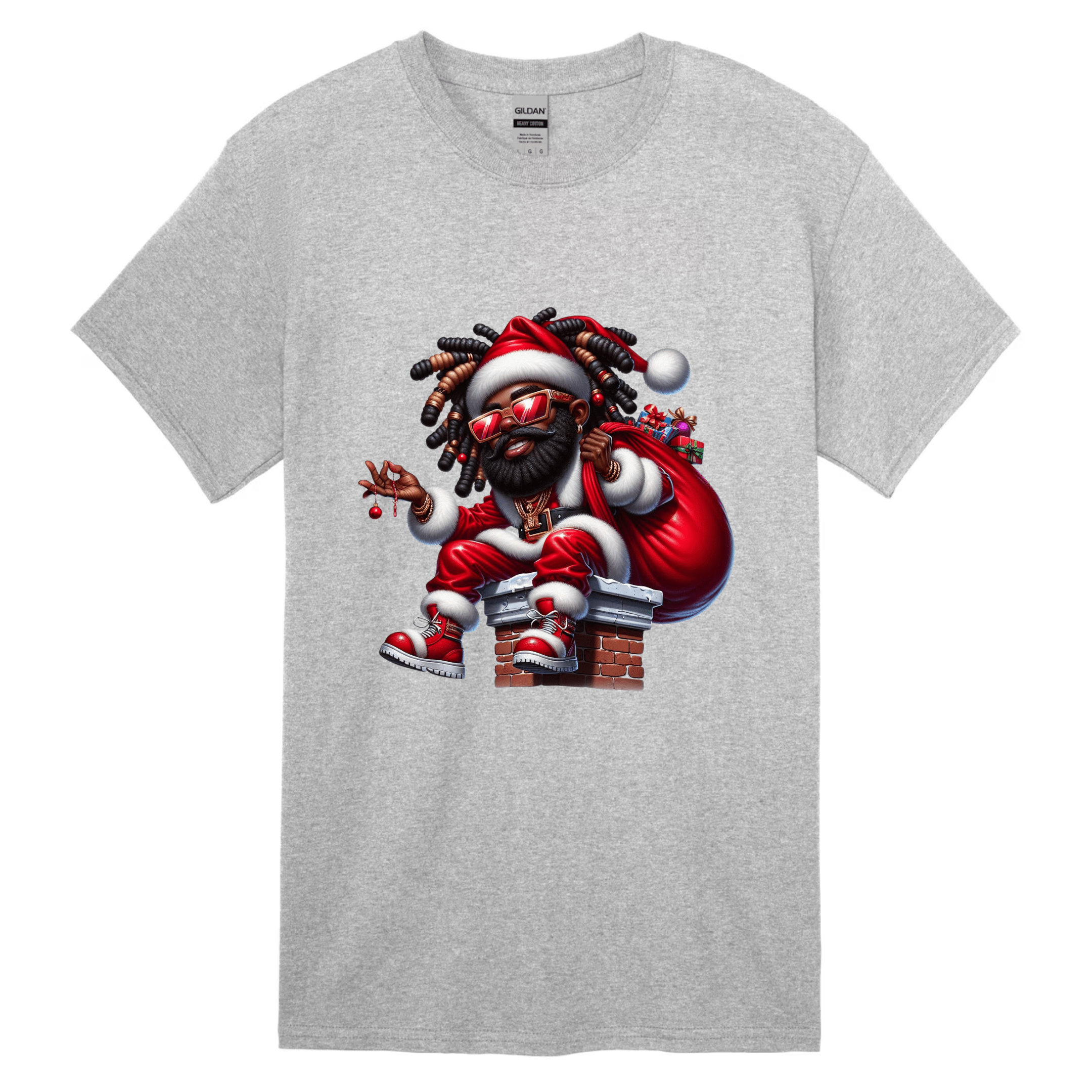 Gray men’s Christmas shirt featuring modern Black Santa in a festive hip hop outfit.
