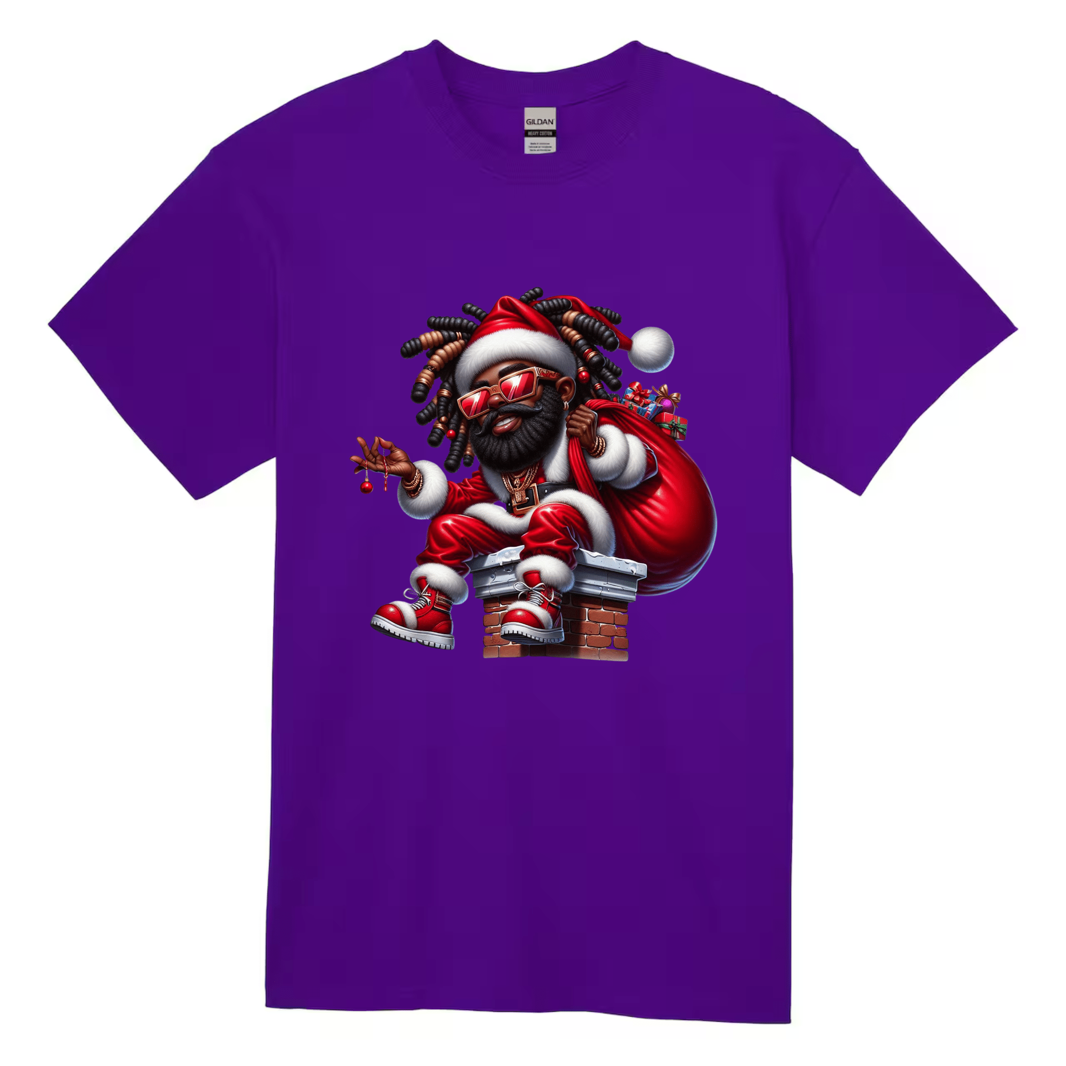 Purple Christmas t-shirt showcasing urban Black Santa with braids, gold chains, and gift bag.