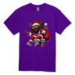 Purple Christmas t-shirt showcasing urban Black Santa with braids, gold chains, and gift bag.