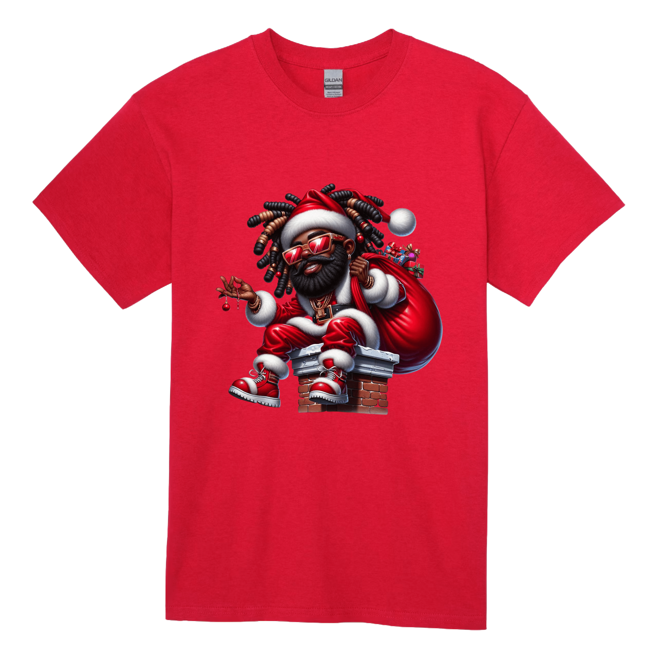 Red holiday t-shirt for men showing Black Santa with gift bag and stylish urban design.