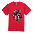 Red holiday t-shirt for men showing Black Santa with gift bag and stylish urban design.