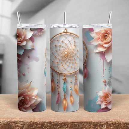 Stainless steel skinny tumbler featuring lotus flowers and a boho dreamcatcher with pastel feathers in a full wrap design