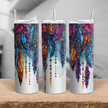 20oz stainless steel insulated tumbler with detailed bohemian feather artwork and gemstone-style accents.
