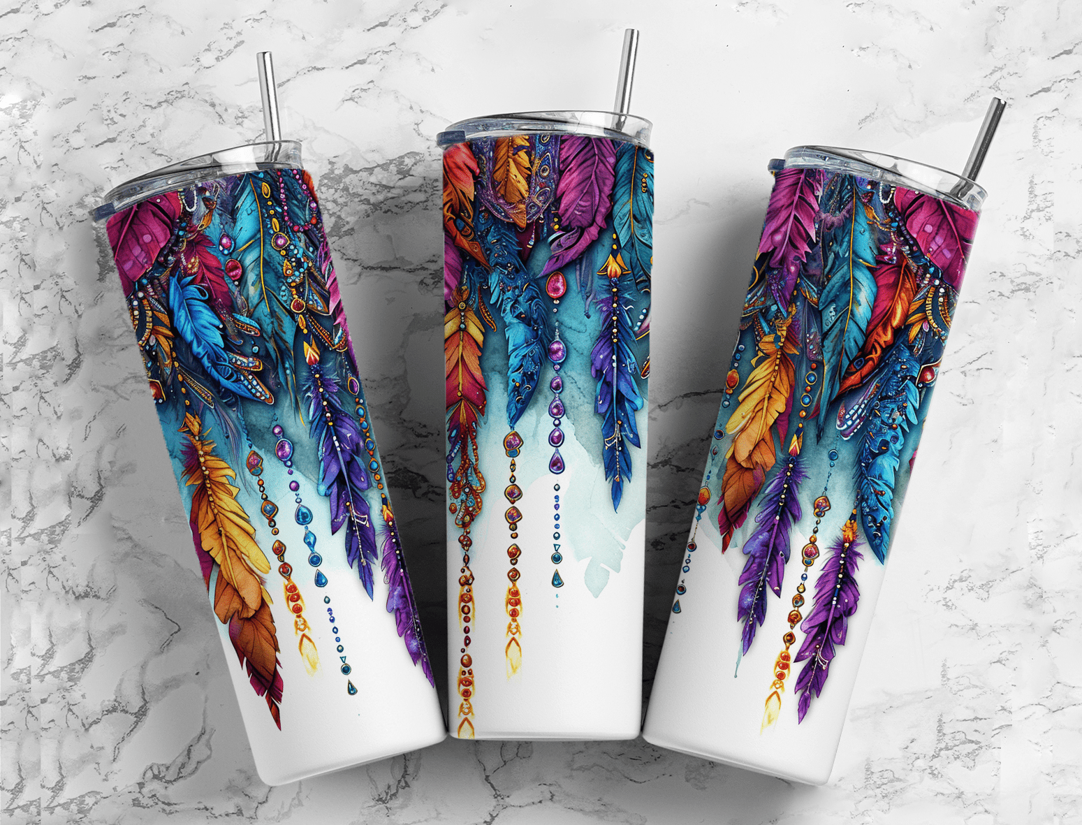 Colorful boho feather tumbler featuring vibrant dreamcatcher-inspired design with blue, purple, orange, and red feathers.