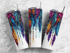 Colorful boho feather tumbler featuring vibrant dreamcatcher-inspired design with blue, purple, orange, and red feathers.