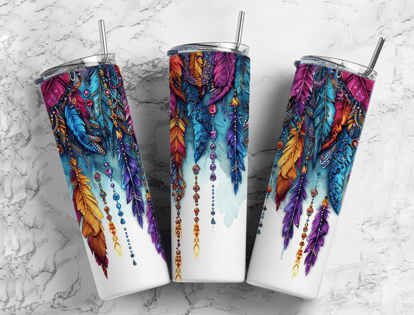 Colorful boho feather tumbler featuring vibrant dreamcatcher-inspired design with blue, purple, orange, and red feathers.