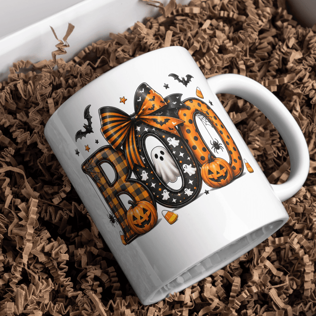 Cute spooky season coffee mug featuring BOO artwork on a classic white ceramic mug for fall home decor