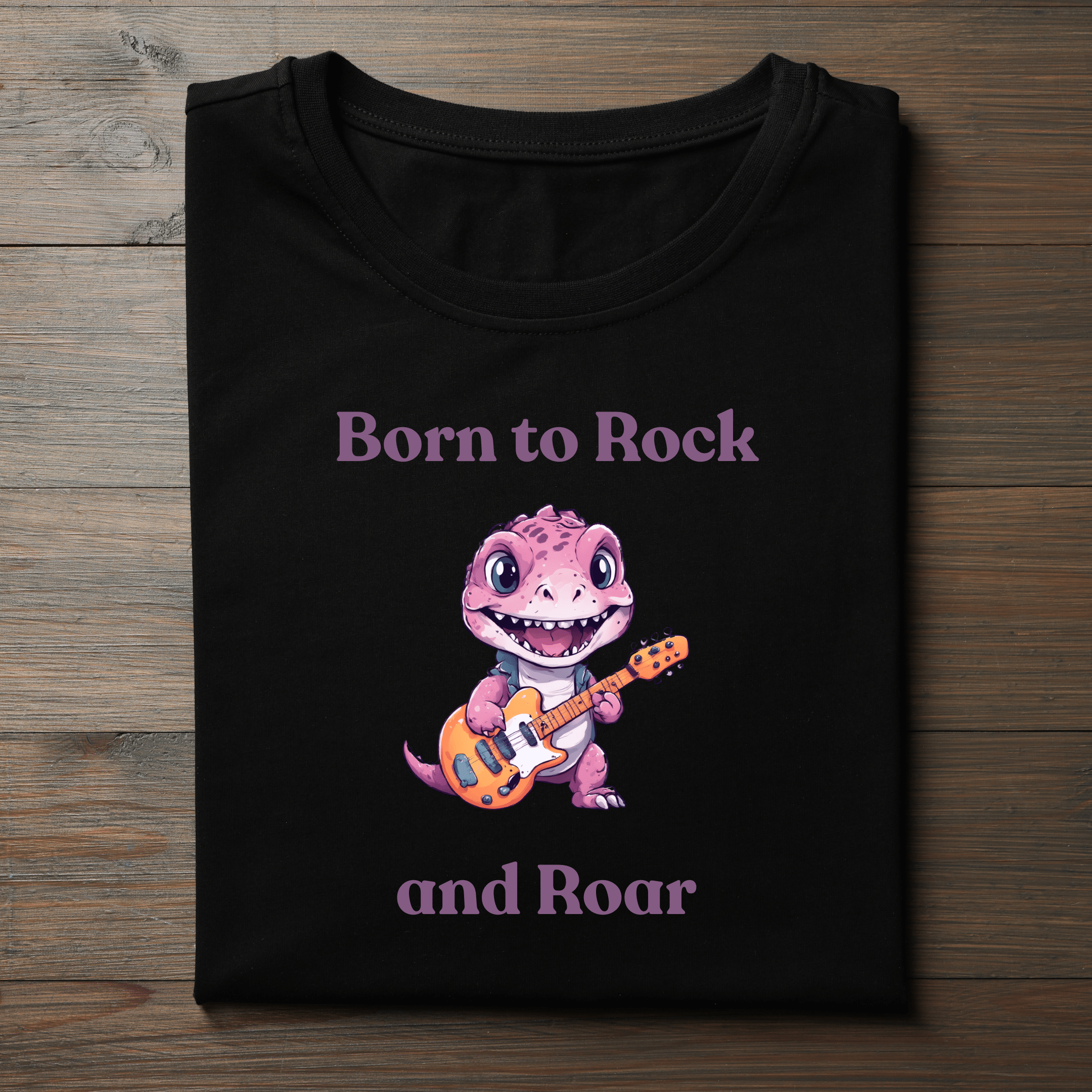 Close-up of kids cartoon dinosaur graphic on music-themed t-shirt.