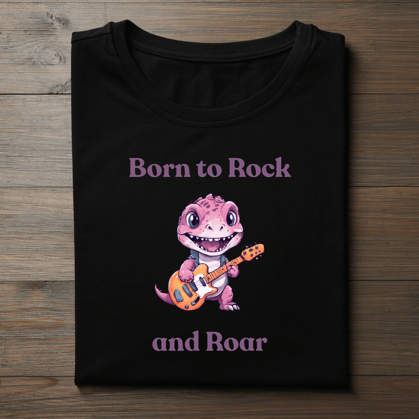 Close-up of kids cartoon dinosaur graphic on music-themed t-shirt.