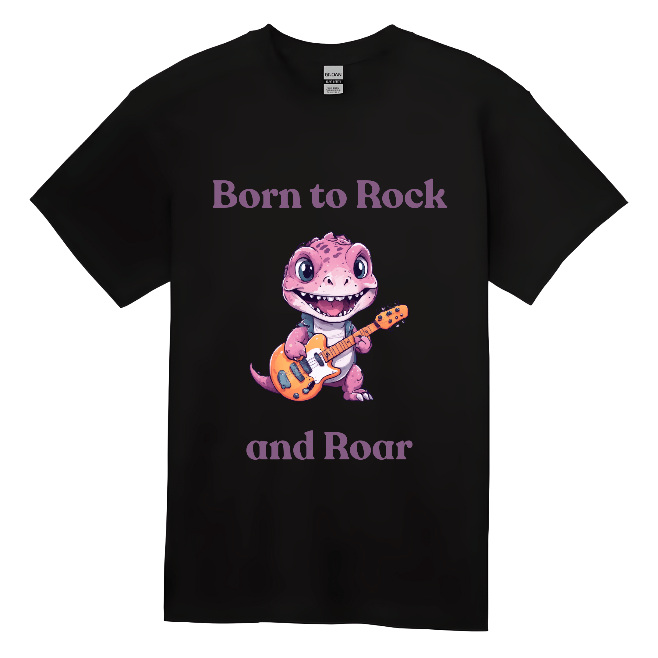Kids t-shirt with cute pink dinosaur playing a guitar and the words “Born to Rock and Roar.”